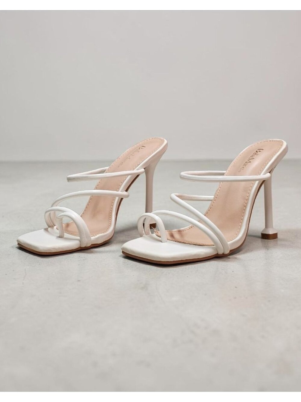Strappy White High Heel Mules With Square Toe & Slim Stiletto Heels For Women - Picture 13 of 14
